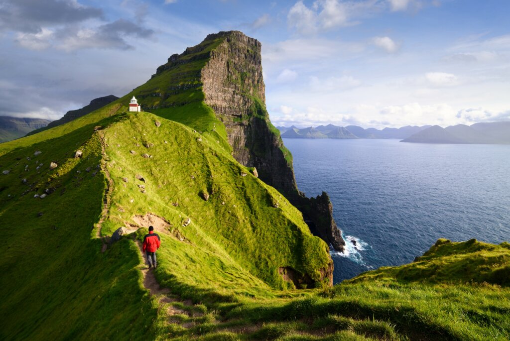 Kallur,Lighthouse,On,Kalsoy,Island.,Hiking,On,The,Faroe,Islands.