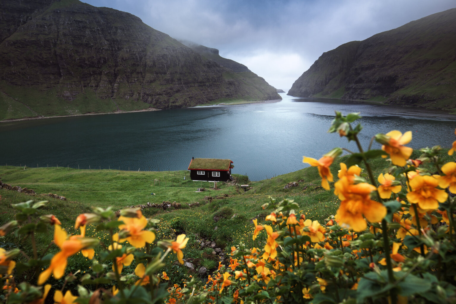 Lonely,Seaside,House,Between,The,Foggy,Green,Mountains,,Faroe,Islands,