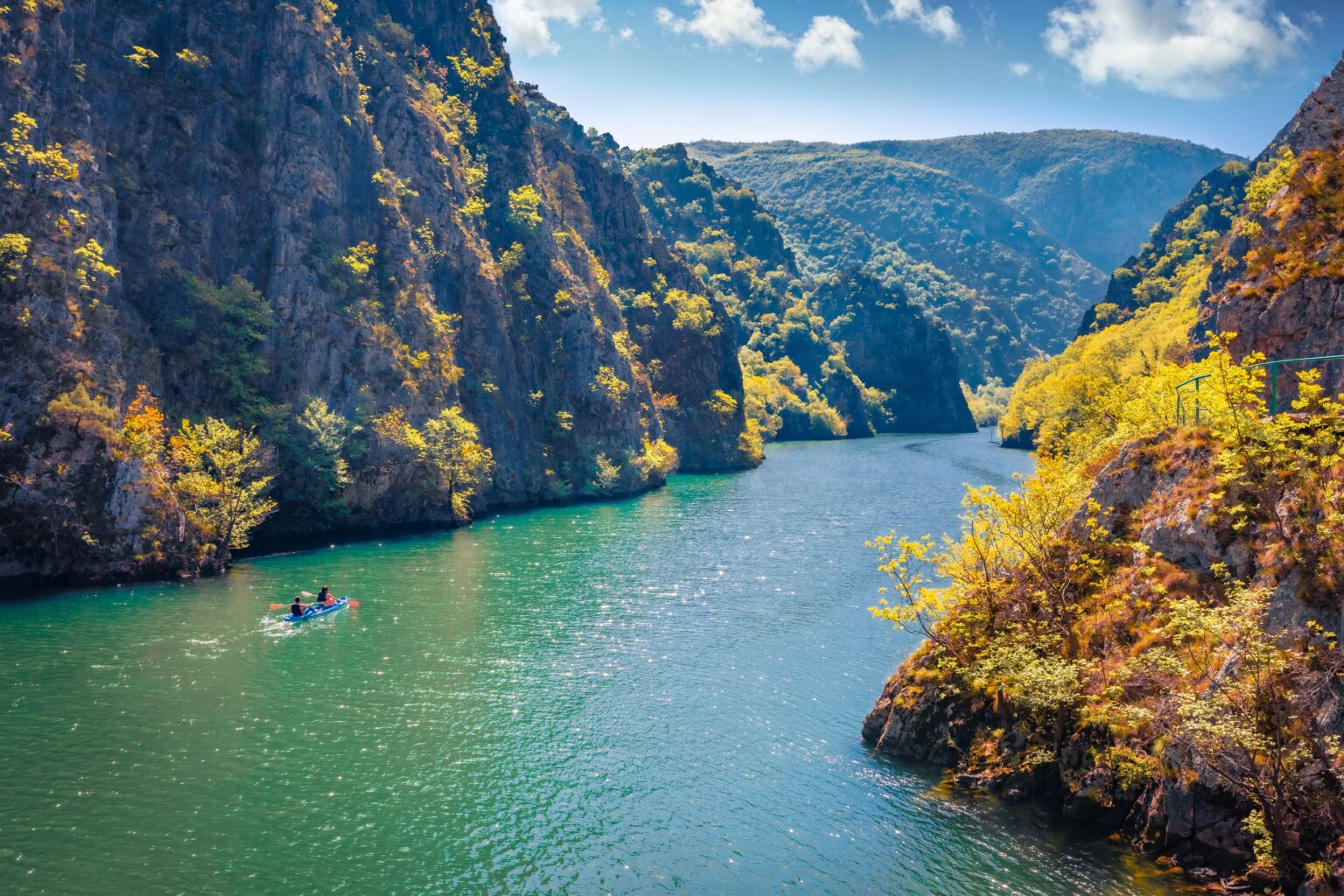 Aerial,Spring,View,Of,Matka,Canyon,With,Tourists,On,Kayak.