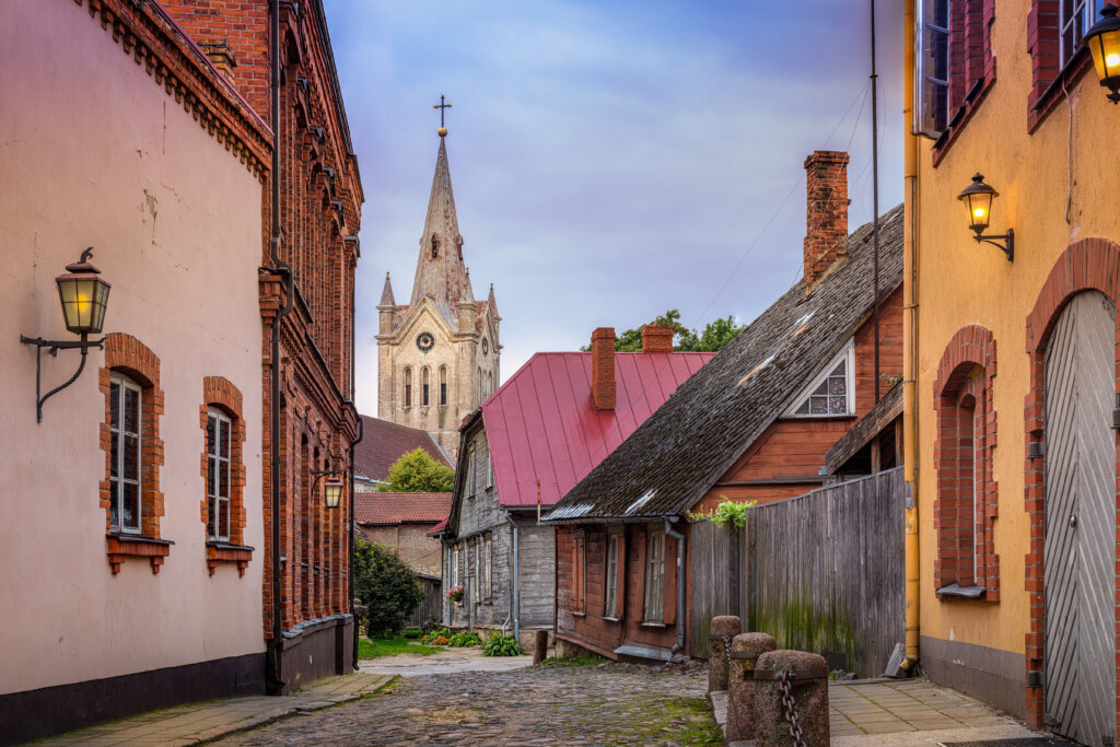 Empty,Cobblestone,Streets,And,Church,Tower,In,The,Small,Town
