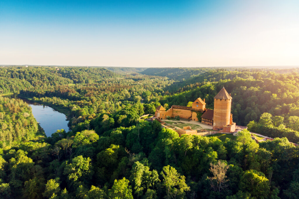 Aerial,View,To,The,Turaida,Castle,And,River,Gauja,At