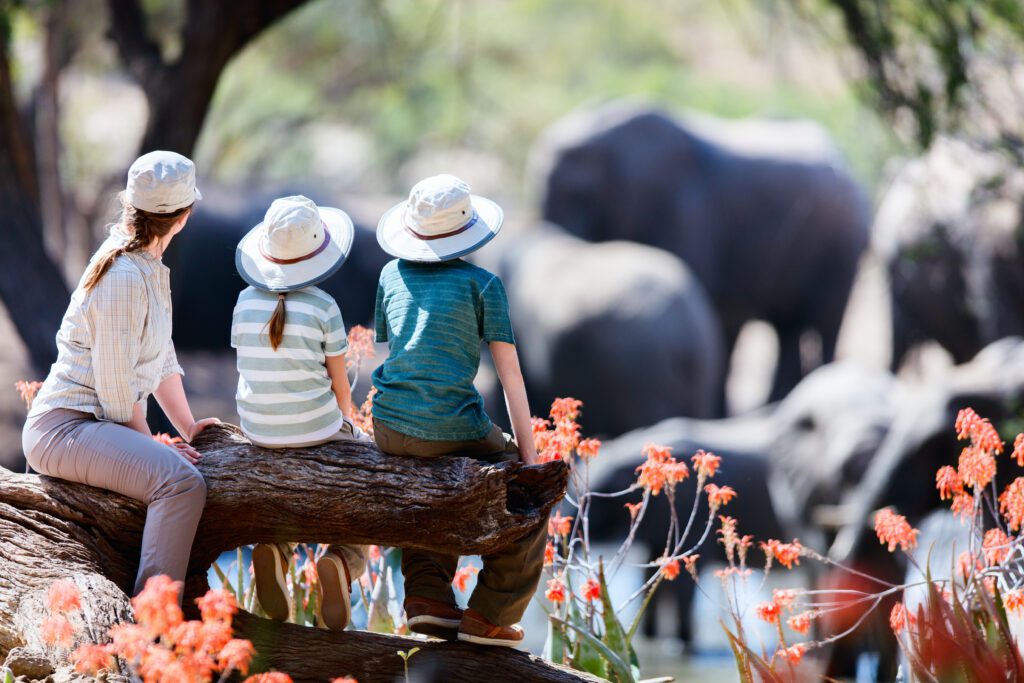 Gezin met kinderen op safari in Afrika – samen genieten van het observeren van wild bij een watergat, verzorgd door Christoffel Travel.