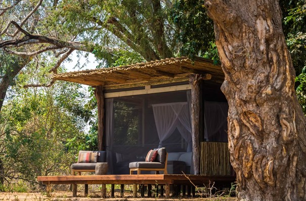 Intiem Little Ruckomechi Camp aan de Zambezi in Mana Pools National Park, met uitzicht op de rivier en wilde dieren – aangeboden door Christoffel Travel.